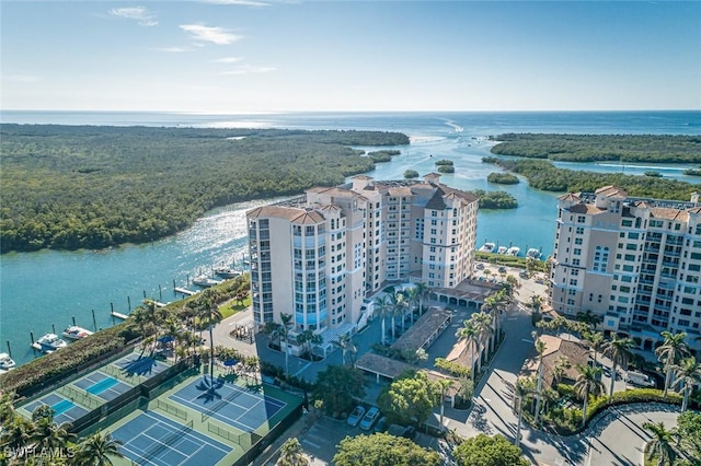 birds eye view of property featuring a water view