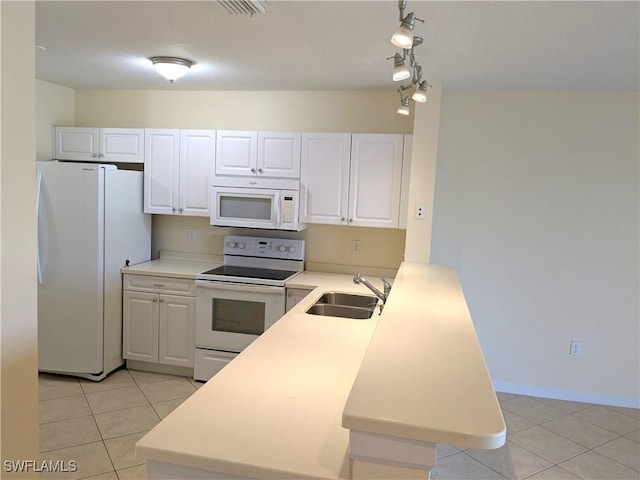 kitchen featuring white cabinetry, sink, white appliances, and kitchen peninsula