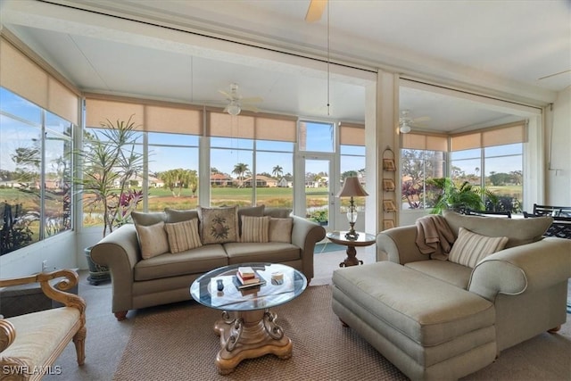 sunroom / solarium with ceiling fan