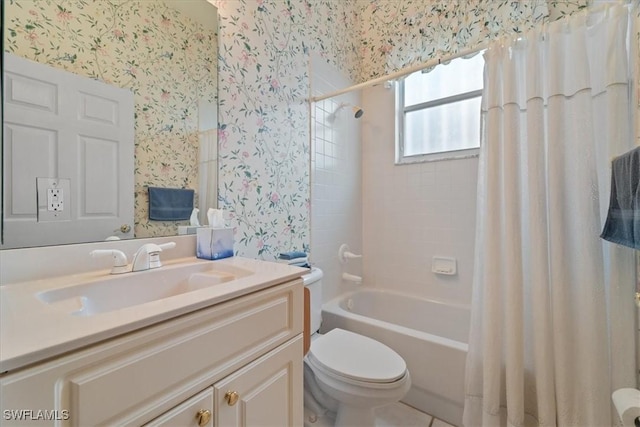 full bathroom featuring shower / bath combo, vanity, and toilet