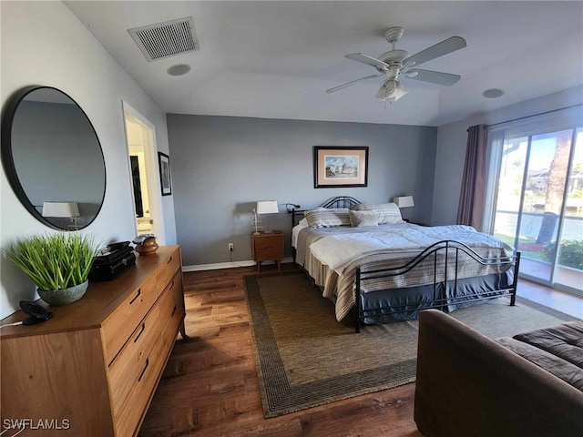 bedroom with dark wood-type flooring, access to exterior, and ceiling fan