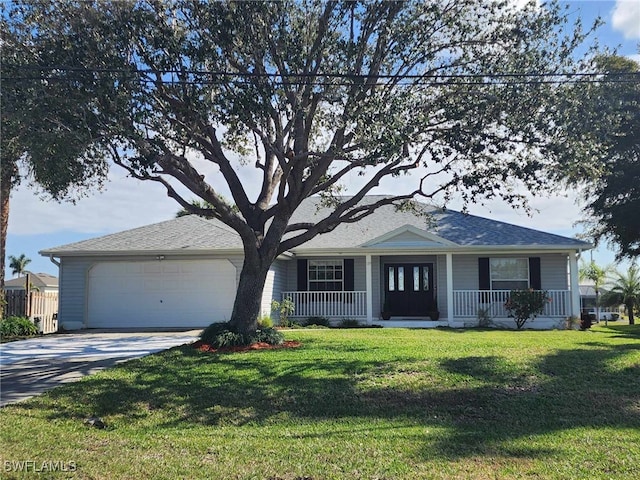 single story home with a garage, a front lawn, and a porch