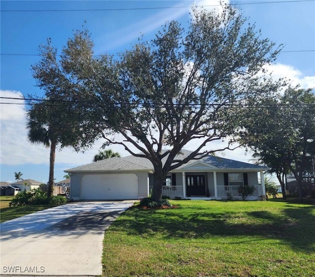 ranch-style home with a garage, a front yard, and covered porch