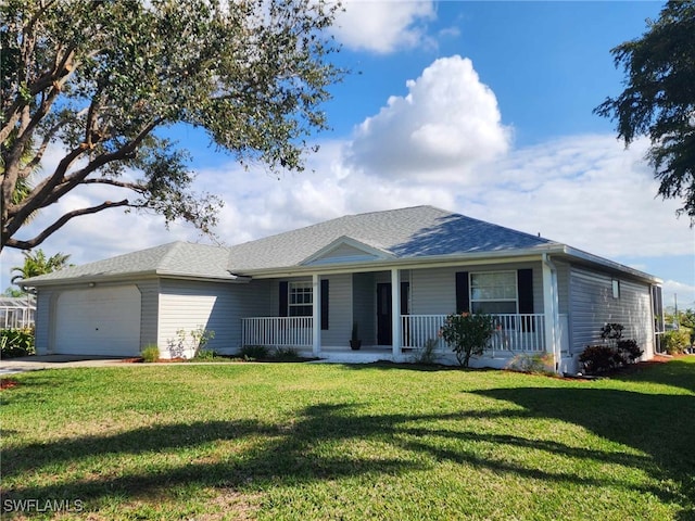 single story home with a garage, covered porch, and a front lawn