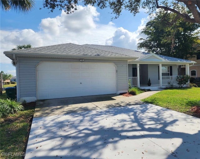 ranch-style home with a garage, a front yard, and covered porch