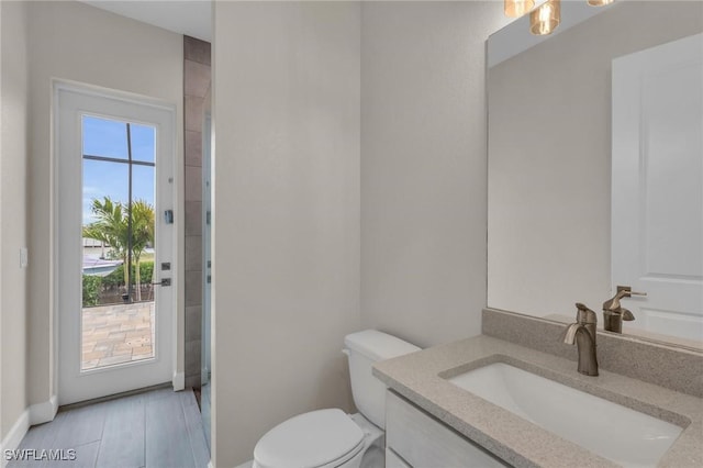 bathroom with vanity, wood-type flooring, and toilet