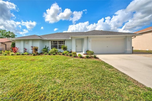 single story home with a garage and a front yard