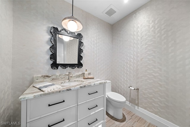 bathroom featuring vanity, wood-type flooring, and toilet