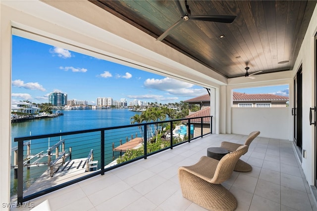 balcony featuring ceiling fan and a water view