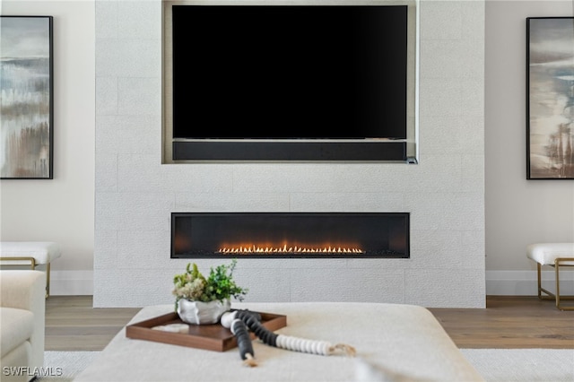 details with wood-type flooring and a tiled fireplace