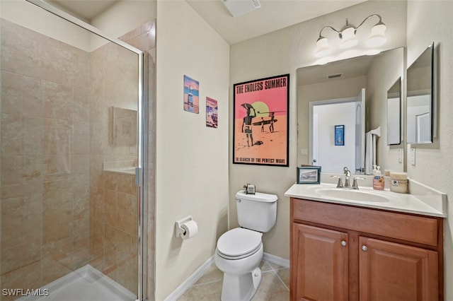 bathroom featuring walk in shower, vanity, toilet, and tile patterned flooring