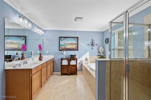 bathroom with vanity, tile patterned floors, ornamental molding, and independent shower and bath