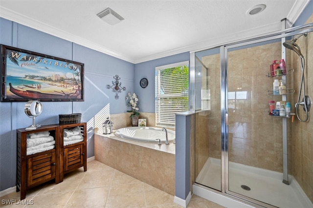 bathroom featuring independent shower and bath, crown molding, and tile patterned flooring