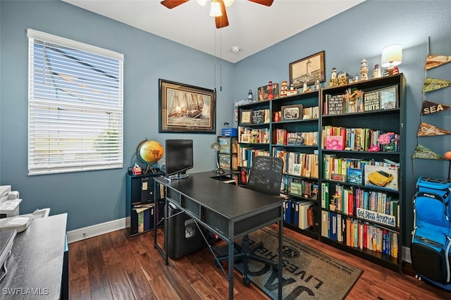 home office with ceiling fan and dark hardwood / wood-style floors