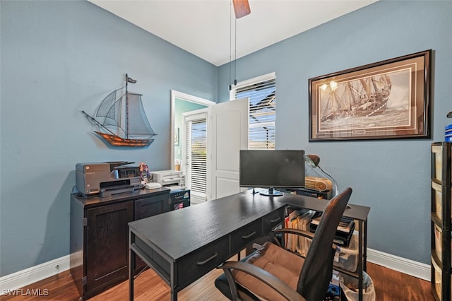 office area featuring hardwood / wood-style floors and ceiling fan