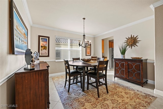 tiled dining room with a notable chandelier and crown molding