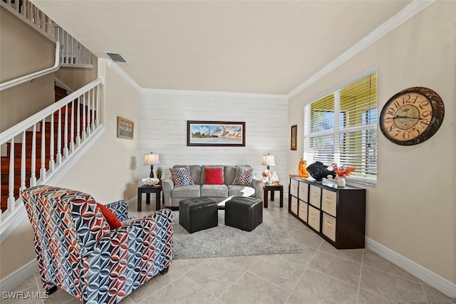 tiled living room with ornamental molding