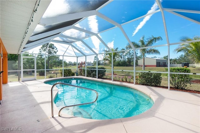 view of swimming pool with a lanai and a patio area