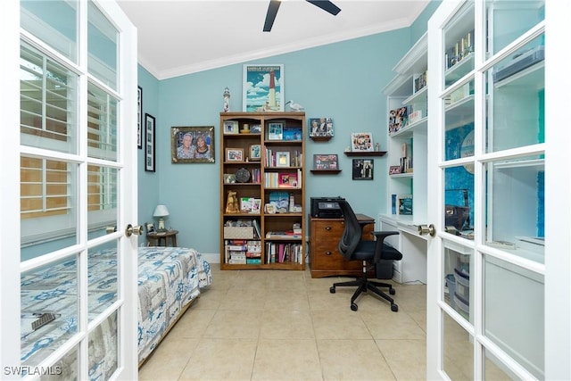 tiled office space with french doors, ceiling fan, and ornamental molding