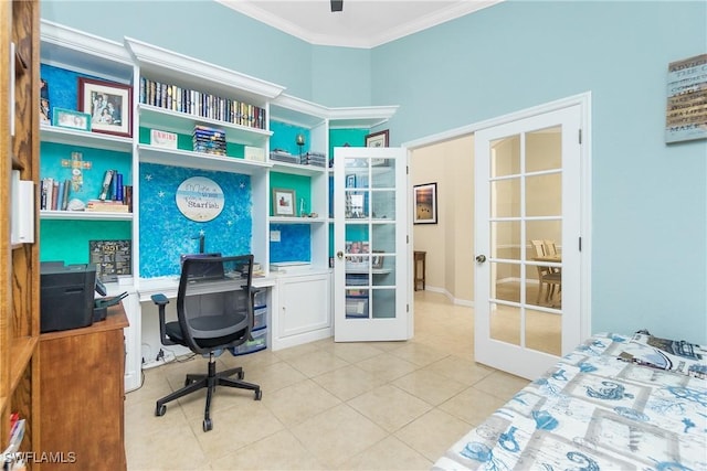 tiled office space featuring ornamental molding and french doors