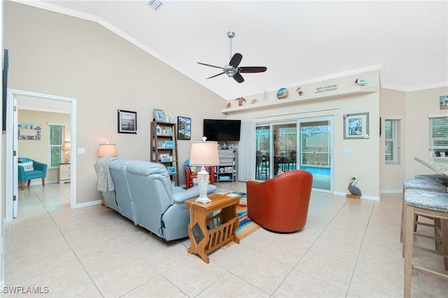 tiled living room featuring ornamental molding, high vaulted ceiling, and ceiling fan