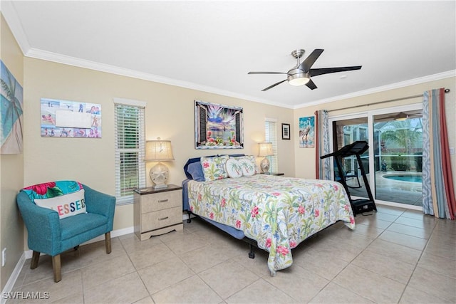 bedroom with crown molding, light tile patterned floors, and access to outside