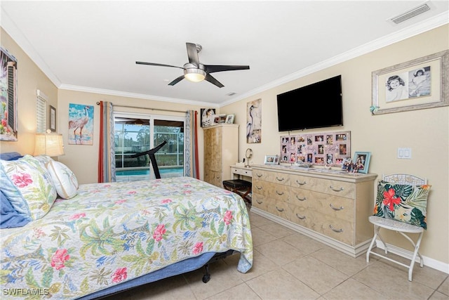 tiled bedroom with ornamental molding, access to exterior, and ceiling fan