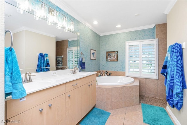 bathroom featuring tile patterned flooring, crown molding, vanity, and plus walk in shower