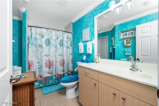 full bathroom with tile patterned floors, toilet, ornamental molding, vanity, and shower / bath combo with shower curtain