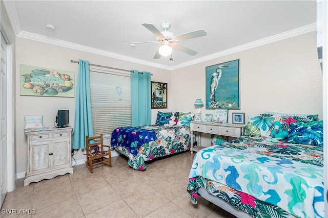 tiled bedroom featuring crown molding and ceiling fan