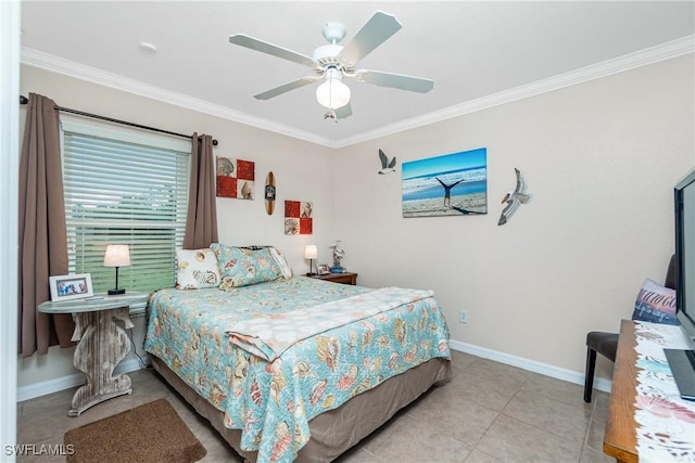 tiled bedroom with crown molding and ceiling fan