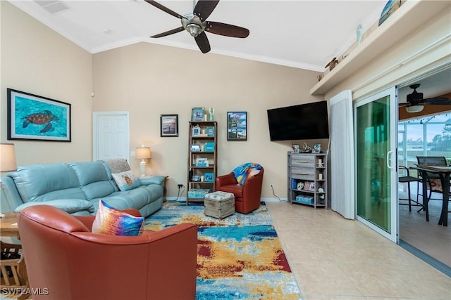 living room featuring ceiling fan, lofted ceiling, ornamental molding, and light tile patterned floors