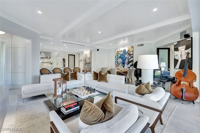 living room with crown molding and beam ceiling