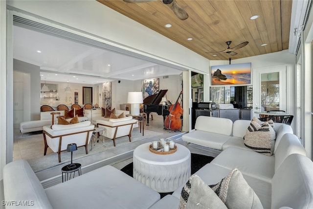 living room with ceiling fan and wood ceiling