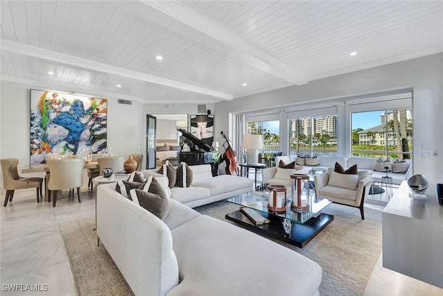 living room with wood ceiling, ornamental molding, and beamed ceiling