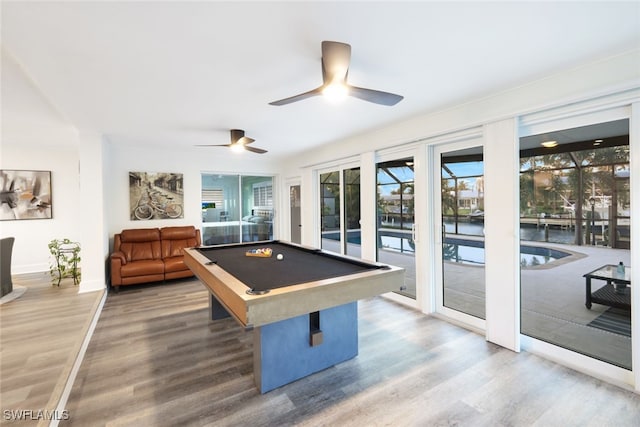 game room with pool table, ceiling fan, and wood-type flooring