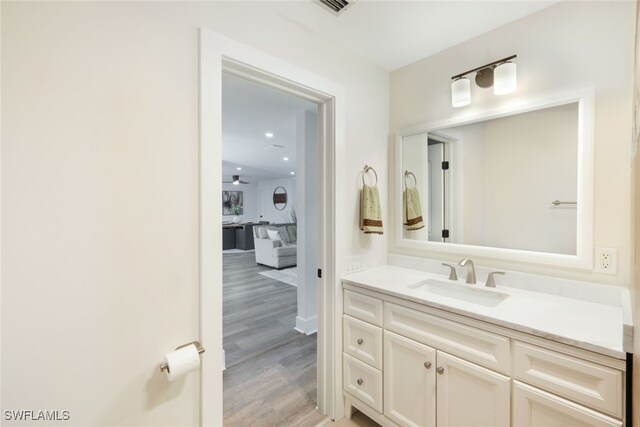 bathroom with hardwood / wood-style flooring and vanity