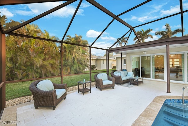 view of patio / terrace featuring a lanai and outdoor lounge area