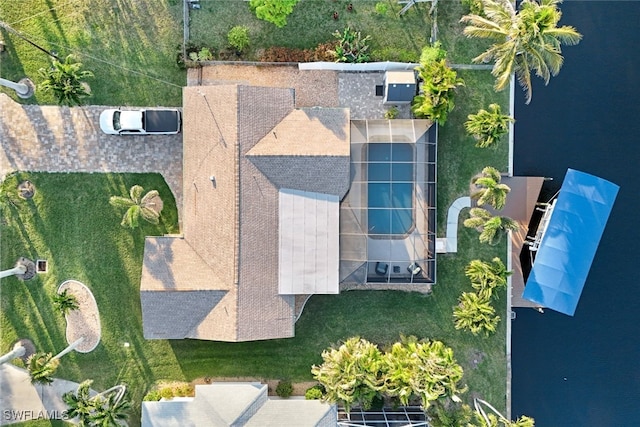 aerial view featuring a water view