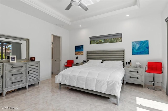 bedroom with crown molding, ceiling fan, and a raised ceiling