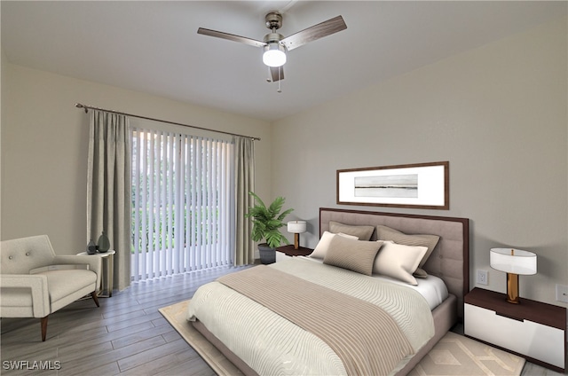 bedroom with access to outside, ceiling fan, and wood finished floors