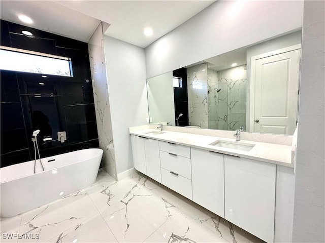 bathroom with plus walk in shower and vanity