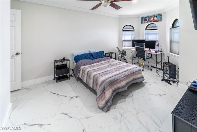 bedroom featuring crown molding and ceiling fan