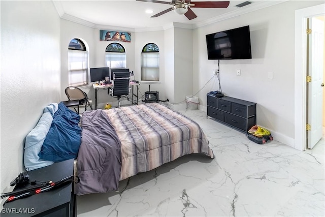 bedroom with crown molding and ceiling fan