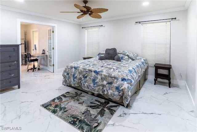 bedroom with crown molding and ceiling fan