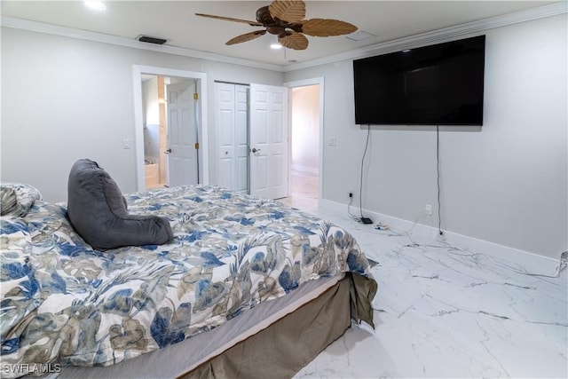 bedroom featuring crown molding, ensuite bath, and ceiling fan