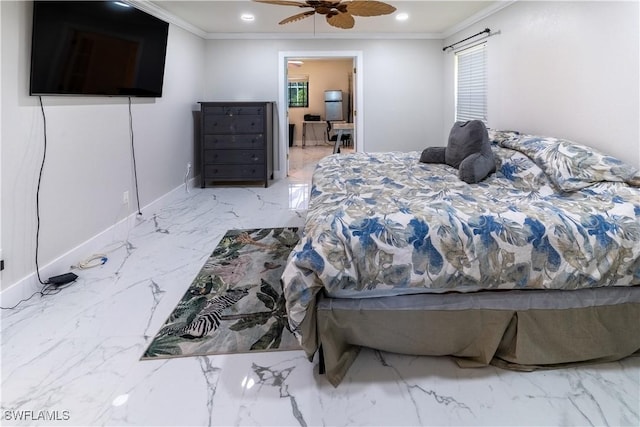 bedroom with ceiling fan and ornamental molding