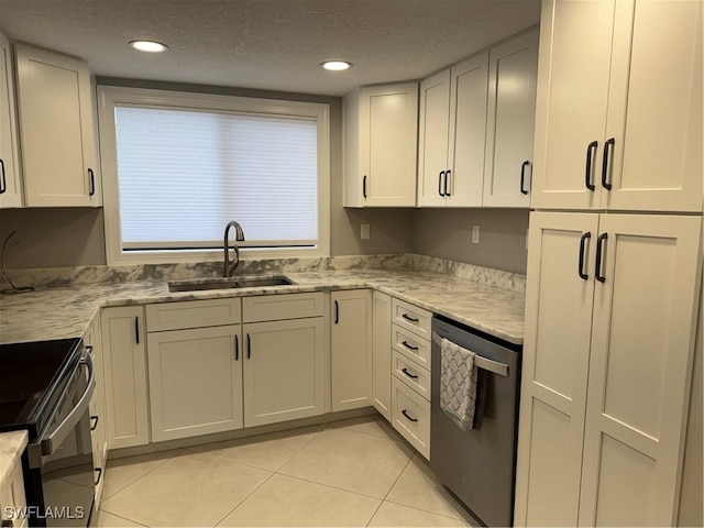 kitchen with sink, white cabinets, dishwashing machine, black range with electric cooktop, and light stone countertops