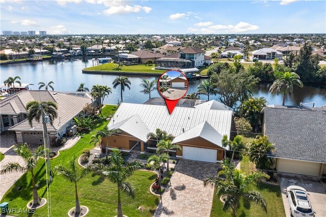 aerial view featuring a water view