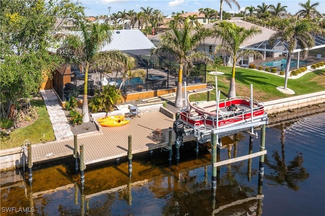 view of dock featuring glass enclosure and a water view